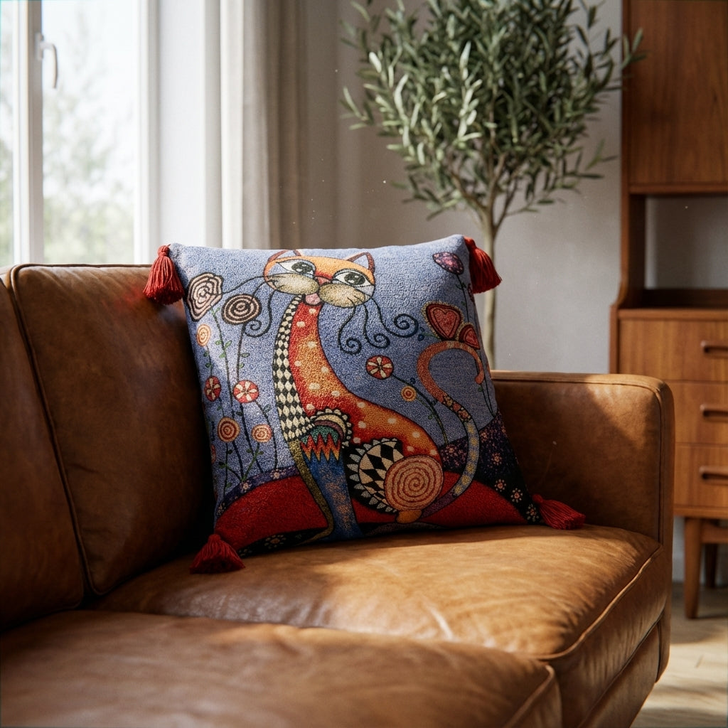 Premium Goblen Dokuma Kedi Yastığı – Evinize Sanatçı Dokunuşu 🎨