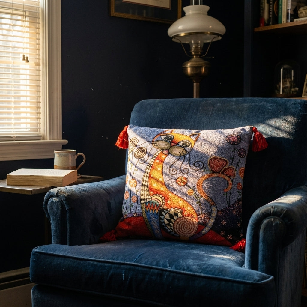 Premium Goblen Dokuma Kedi Yastığı – Evinize Sanatçı Dokunuşu 🎨