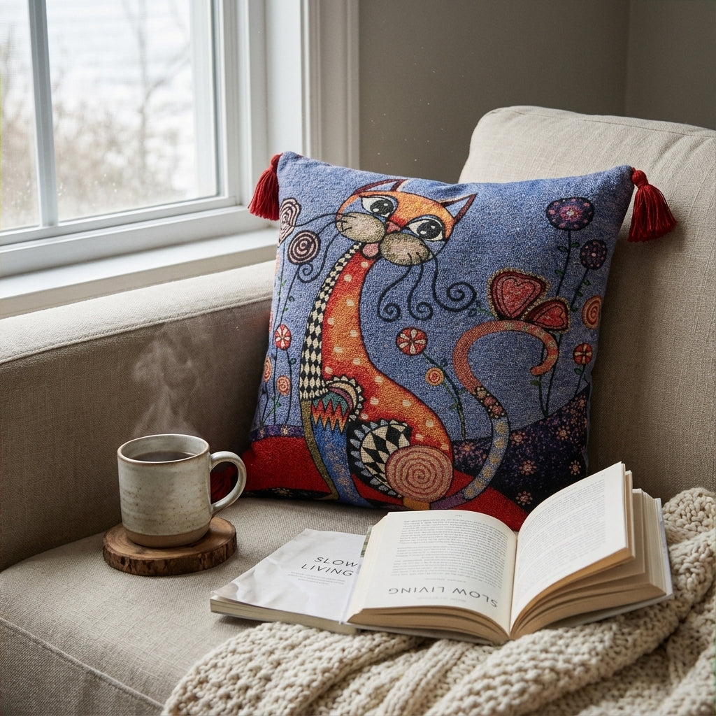 Premium Goblen Dokuma Kedi Yastığı – Evinize Sanatçı Dokunuşu 🎨