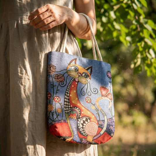 Sanatçı Tasarımı Premium Goblen Kedi Çantası 🎨
